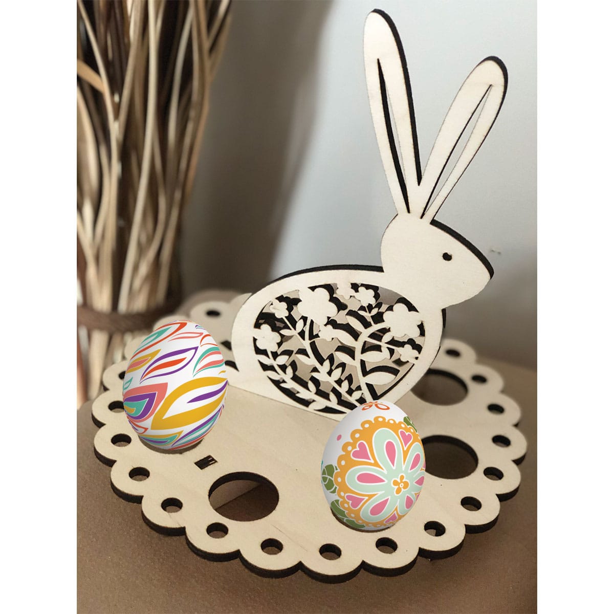 Wooden Eggs Basket 4 Wood Laser Cut Easter Egg Stand - Basket Decoration Rabbit