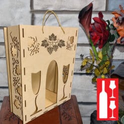 Wood Laser Cut Wine Box Gift 1 Bottle with 2 Glasses