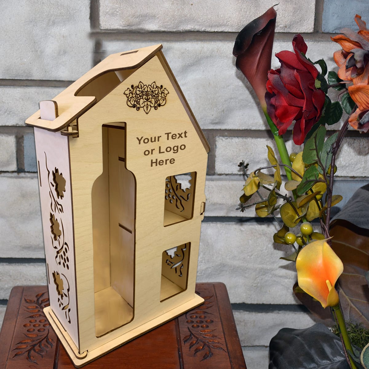 Coffret à vin en bois en forme de maison, découpé au laser – décoratif et cadeau