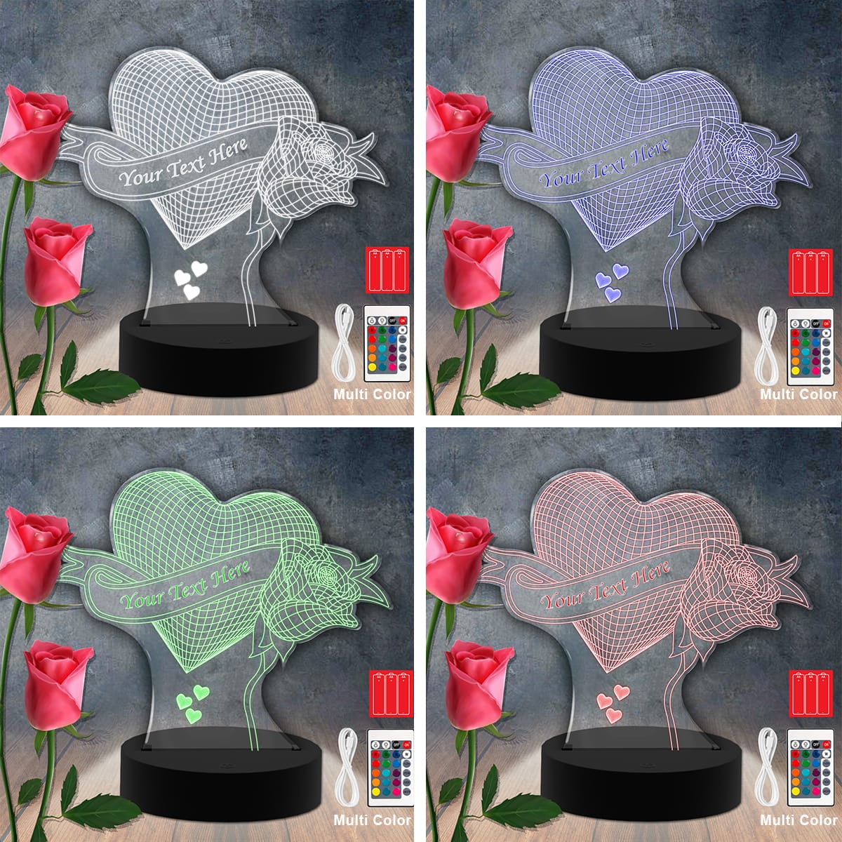 Lampe LED Coeur et Fleur Personnalisées en 3D 3 Flower Heart RGB Led Acrylic Light Lamp Color Laser Cut