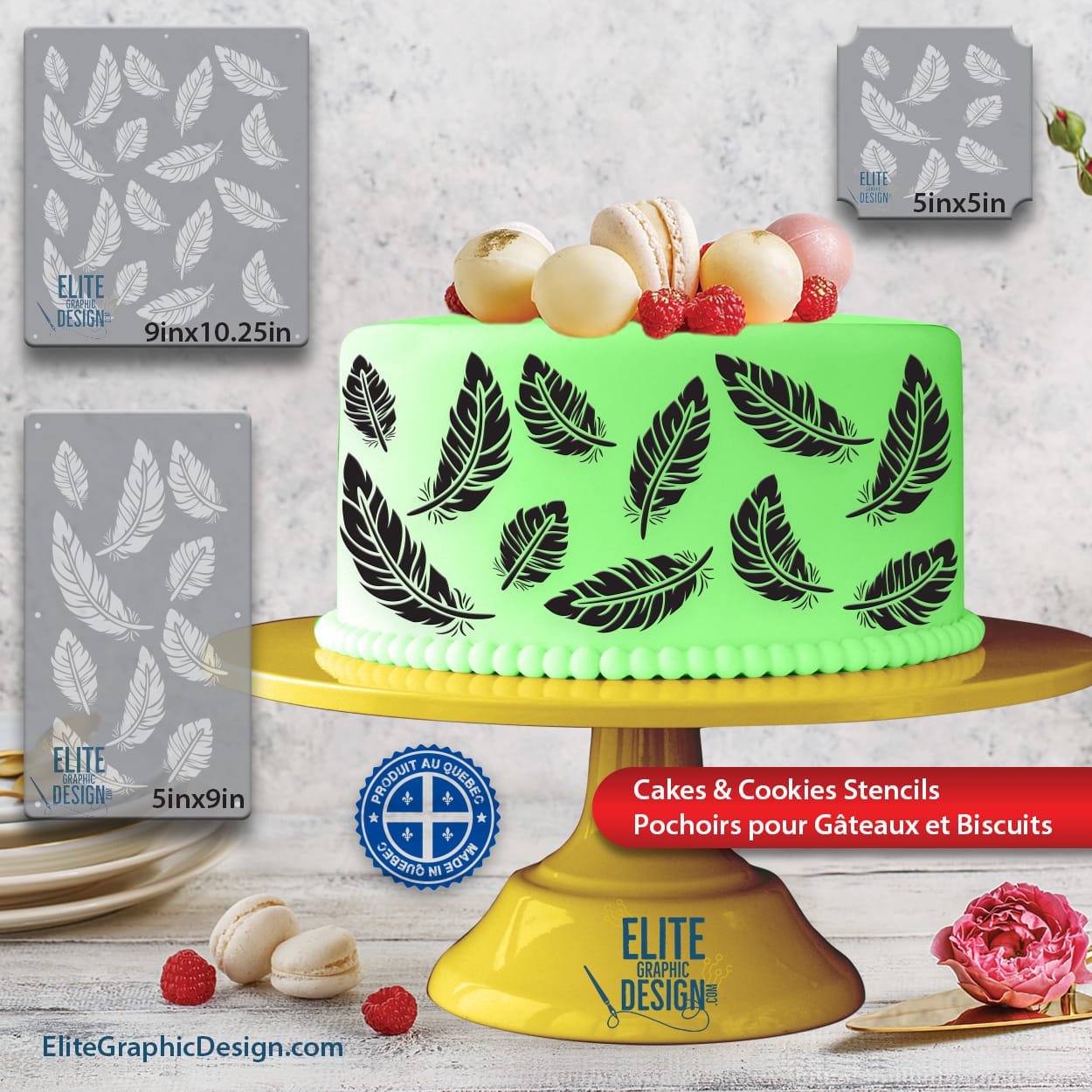 Large Feathers Cake Stencil 3 Cake Stencil Pastry Decoration Kitchen Food PETG Made In Quebec