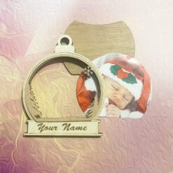 Ornements en bois pour sapin de Noël, avec noms en plexiglas et photos